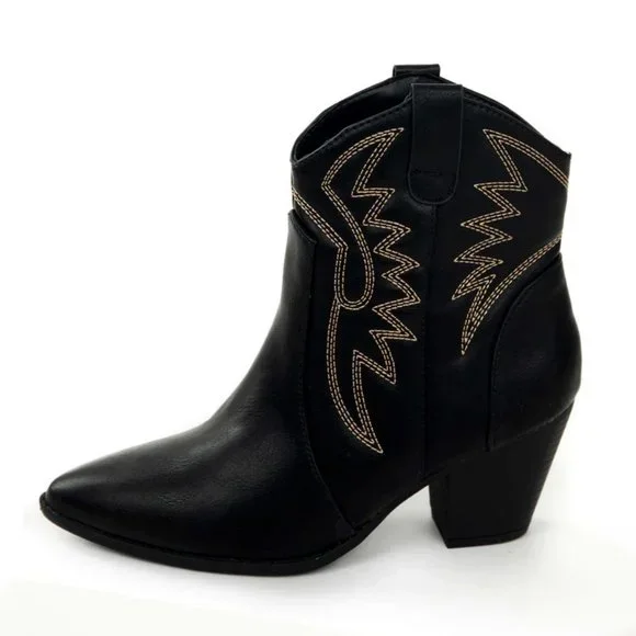 NEW Black Pointy Toe Block Heel Western Stitch Embroidery PU Leather Ankle Boots - Picture 6 of 10
